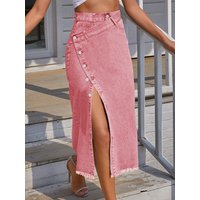 Pink Street Asymmetrical Waist Edge Washed Frayed Ripped Raw Denim Skirt Vintage Button Front Bodycon Hottie Festival Outifts