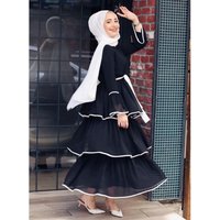 Dubai Islam Muslim Sweet Cake Dress Women Flare Sleeve Lace-up Multi-layer Pleated Cupcake Dresses Ankle-length Islamic Clothing