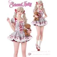 Summer Plaid Sweet Kawaii Lolita Elegant Dress Women Sweet Cherry Plaid Lolita Mini Dress A-Line Skirt Princess Party Outfits
