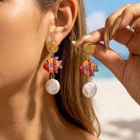 Summer Beach Tropical Ceramic Fish Earrings For Women Gold Plated Metal Conch Shell Baroque Pearl Dangle Earring Party Jewelry