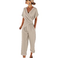 Summer New V-neck Pure Color Asymmetrical Waist-cinching Short Sleeve T-shirt Long Pants Commute OL Two-piece Set Casual Fashion