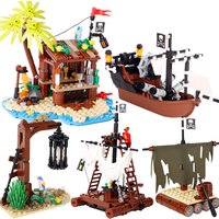 MOC Medieval Pirate Bar Model Building Blocks Kit Parrot Log Cabin Island House Bonfire Tree Sail Boat Ship Bricks Toys Gift