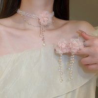 2pcs Imitation Pearl Crystal Tassel Earrings Pink Mesh Flower Pendant Necklace Temperament Fashionable Women's Jewelry Set K