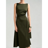 Women's Luxury Olive Green Satin Midi Dress - Elegant Boat Neck Ruched Waist Asymmetric Hem Sleeveless A-Line Dress for Office
