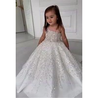 Quality Gorgeous Pearl Sequins Satin FLuffy Flower Girl Dress Exquisite Applique For Wedding Birthday Party Evening Ball Gowns