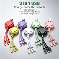 3 In 1 Retractable USB Cable Fast Charging Data Cord for A Type-C iOS Android Multi Port Charging Wire for Phone Tablet Laptop