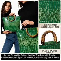 High-end faux leather emerald green crocodile pattern tote bag for women, glossy embossed faux bamboo handle handbag