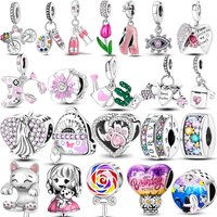 Silver Plated Pink Series Color Charm Bead Cut Girl Flower Pendant Fit Original Bracelet Necklace Jewelry Women