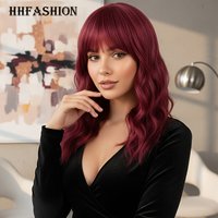 Wine Red Bob Synthetic Wig for Women Short Wave Curly Hair with Bangs 14 Inch Natural Look Party Cosplay Costume Hairpiece