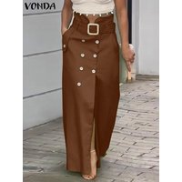 VONDA Women Solid Color Long Skirts 2025 Casual Waistband Button Design Slit Overskirts Elegant Office Lady Bottoms Oversized