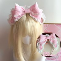 New Original Pink Doll Rabbit Headband Y2K Girl Handmade Striped Strawberry Lace Bow Headpiece Lolita Cosplay KC Hair Accessory