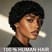 Natural Black Short Kinky Curly Wig with Bangs 100% Human Hair Machine-made Black Pixie Cut Curly Wig for Women Breathable Cap