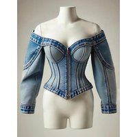 Women Denim Corset Top Off Shoulder Long Puff Sleeve Zip Front Bustier Crop Top Streetwear Fashion Blouse