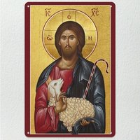Byzantine Orthodox Good Shepherd Icon - Greek 2D Flat Iron Metal Sign,Vintage Religious Wall Art for Church & Home Decor