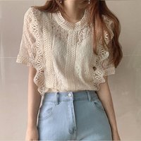 Korean Sle Lace Hollow out Women's irt plus Size Loose Fit Versatile Ele Fairy T Sle ort Sve round Ne