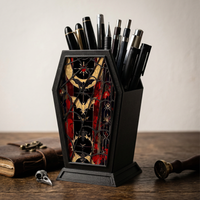 Gothic Coffin Pen Holder with Red Gold Bat & Moon Print & Spider Web-Spooky Vampire Desk Organizer for Halloween & Dark Academia