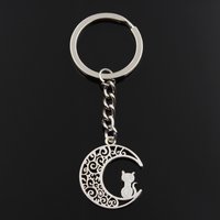 Fashion Keychain 30x25mm Moon Cat Silver Color Pendants DIY Men Jewelry Car Key Chain Ring Holder Souvenir For Gift