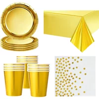 Golden Party Disposable Tableware Set Gold Paper Plates Cups Napkins Tablecloth Adults Wedding Birthday Decorations Supplies