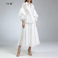 VGH Formal Events White Chiffon Two Piece Set for Women Laple Puff Sleeves Blouse Layered Design Midi Skirt for Wedding Guests
