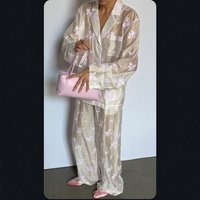 Fashion Printed See Through Pant Set Lapel Full Sleeve Loose Blouse Women's Suit Lady New Street Spring 2 Pieces Sets Sleepwear