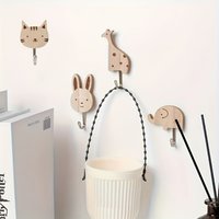 Cute Animal Wooden Adhesive Hooks, Cartoon Rabbit Wall Hooks, Punch-Free Vintage Wall Mounted Rack for Entryway Coat Key Storage