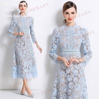 Elegant Luxury Formal Summer Long Dresses Women Full Sleeve Hollow Embroidery Lace Midi Evening Dress Party Vestidos De Fiesta