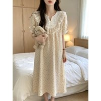 Women Summer Korean style Printed Mid length Nightgown Princess style Short sleeve Loose fitting Cute Floral printed Mid length