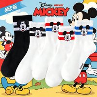 5 Pairs of Disney Mickey Striped Women's Round Neck Socks Retro Cartoon Printed Cotton Mid Tube Socks Casual Sports Socks