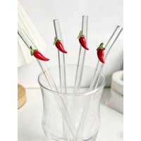 1/4/7PCS Chili Pepper Glass Straw, Bendy Spicy Theme Straws for Juice, Coffee, Tea & Drinks, Fun Barware for Parties & Daily Use