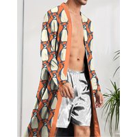 Spring and Autumn Men's Long Robe with Digital Printed Penguin Pattern, Comfortable Thin Home Casual Men's Bathrobe