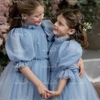 Princess Girl Gowns Grey Blue Tulle High Neck Ball Gown Half Sleeve Dress for Wedding Birthday Party Banquet Customized