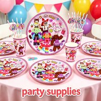 Robloxed Pink Creative Theme Disposable Tableware Set Paper Plates Cups Flag for Festival Decoration and Birthday Party Supplies