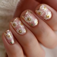 Short Square fake nails golden white flowers with strips frame for Spring Summer french style full cover press on acrylic nail