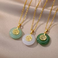 Round Stone Pendant Necklaces For Women Stainless Steel Gold Color Fu Character Necklace Wedding Christmas Jewelry Gift Bff