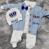 Premium Personalized Newborn Boy Clothes Blue Knit Cardigan Footed Jumpsuit With Hat Gift Set