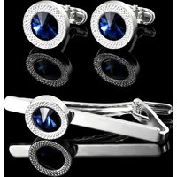 Fashionable Men's French Shirt Accessories Round Blue Crystal Cufflinks Diamond Embedded Sleeve Studs Tie Clip Wedding Gift