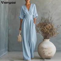 OL Style Solid High Wiast V Neck Long Jumpsuit Women Summer Wide Leg Trousers Overalls Casual Playsuit Lady Half Sleeve Rompers