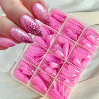 144Pcs Pink Almond with Glitter Sequins False nails Y2k Full Cover Artificial Press On Nails Tips Soft Gel Fake Nails Patches-#_