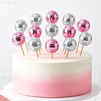 24/12pcs Pink Silver Disco Balls Cake Decoration Mirror Balls Disco Cupcake Cake Toppers for Birthday Wedding Party Cake Decor