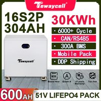 Tewaycell 30KWh Powerwall 51.2V 600Ah LiFePO4 Battery Pack Buitl-in 300A BMS CAN RS485 Monitor Solar ESS 15KW Output EU Tax Free