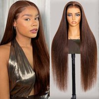 220% Density Bone Straight 13x6 Lace Frontal Human Hair Wig 13x4 Chocolate Brown HD Lace Front Wigs Pre Plucked Hairline 40 Inch