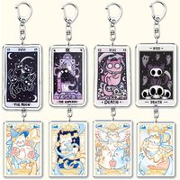 Cute Cat Tarot Card Keychain Acrylic Key Ring Holder Bag Charm Pendant Cartoon Anime The Moon Sun Fool Justice Accessories Gift