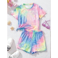 Comfy Kids Girls 2-Piece Outfit, Soft Breathable Fabric Tie Dye Bow Print T-Shirt & Shorts for Vacation & Outings