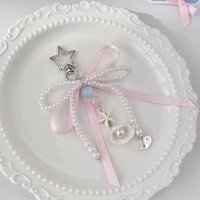 Sweet Summer Ocean Pearl Bow Key Chain Anti Lost Phone Bag Charm Trendy Jewelry Gift for Girlfriend Classmate