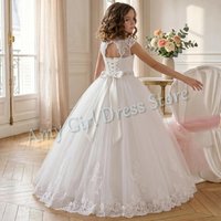 Simple Lace Tulle Flower Girl Dress For Wedding Backless Floor Length Crystal Princess First Communion Birthday Gown Customized