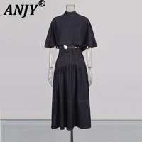ANJY Autumn New Women Fashion Casual Two-Piece Set Cape Style Stand Collar Zipper Top High Waist Pleated Chic Denim Skirt A12157