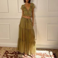 Casual Short Sleeve Women Party Suit Elegant V-neck Top & Long Skirt Summer Set Fashion Mesh Hight Waist Solid Vacation Outfits
