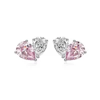 Real Money 925 Sterling Silver Women's Earrings Pink Crystal Heart Shaped Water Droplet Zircon Best Gift for Wedding Jewelry