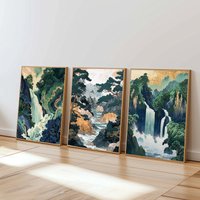 1pc frameless Japanese Waterfall Hokusai Ukiyo-e Blue Green Landscape Poster Canvas Printing Vintage Wall Art Picture Home Room