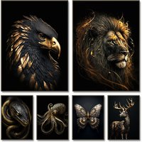 Black Gold Eagle Lion Canvas Painting Metal Poster Wall Art Nordic Deer Tiger Wolf Swan Aesthetic Picture for Living Room Decor
